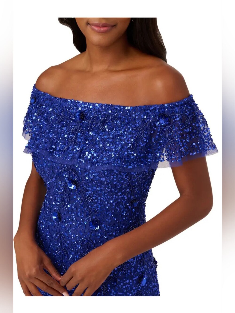 Adrianna Papell Off-Shoulder Beaded Evening Gown in Royal Blue - Picture 3 of 7